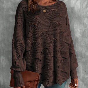 Brown Casual Womens Lantern Sleeve Pointelle Knit Pullover Sweater